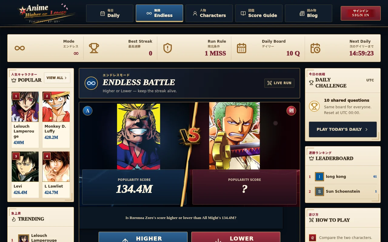 Anime Higher or Lower Daily Challenge